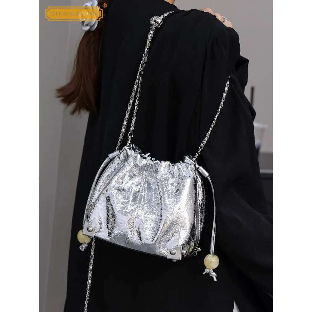 Spring Summer Women Drawstring Small Bucket Cow Split Leather Chain Bag Casual Handbag Ladies Single Shoulder Crossbody Bags