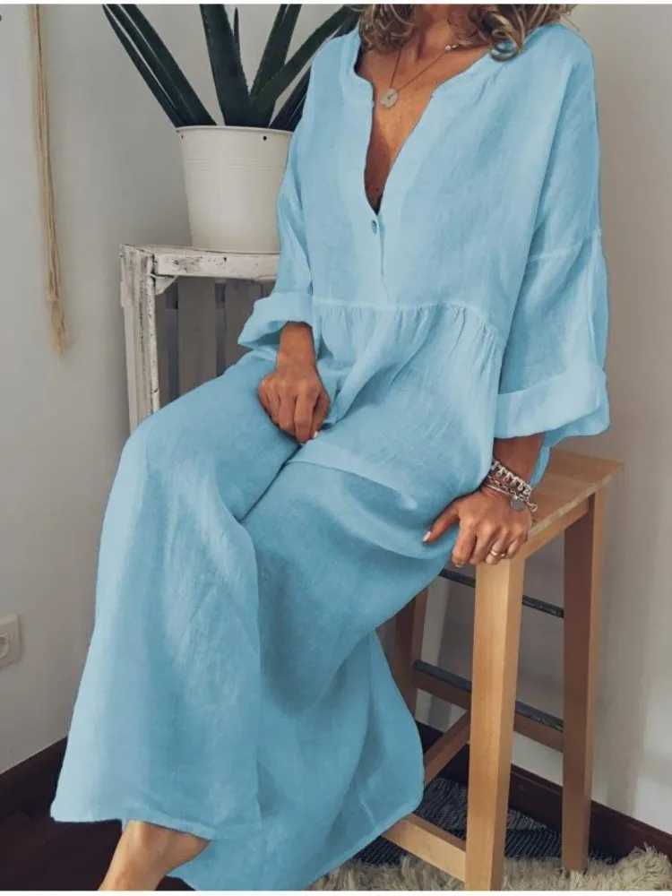 Long Loose Cotton Linen Dress For Women 2024 Summer Casual Buttons Long Sleeve Shirt Dress Vacation Female Clothing DressesXJ250514