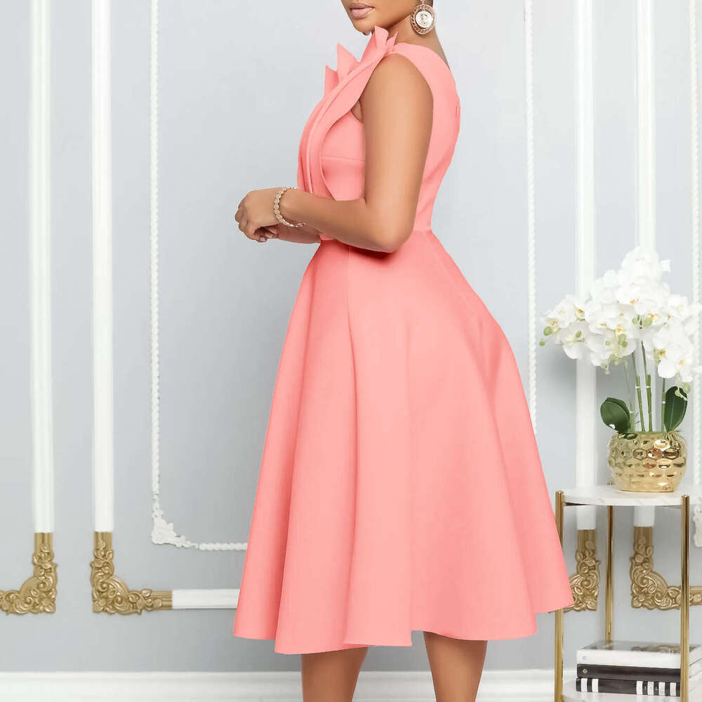 Women's Wear Large Women's Summer Sexy Diagonal Collar Three-Dimensional Pleated High Waisted Banquet Evening Dress