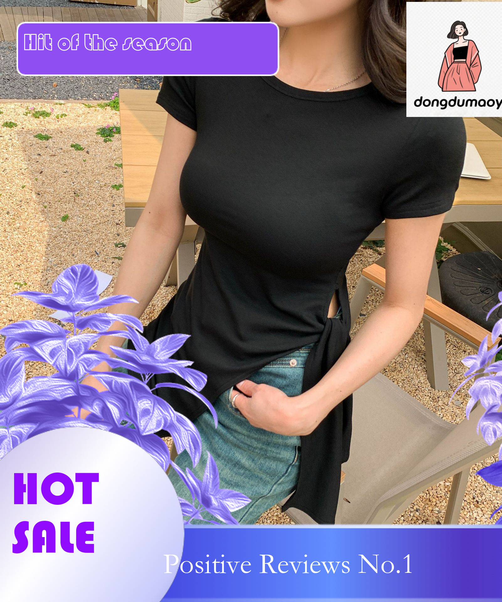 dongdumaoyi Cotton irregular slit strap shoulder short sleeved T-shirt for women in summer 2025, with a mid length design sense