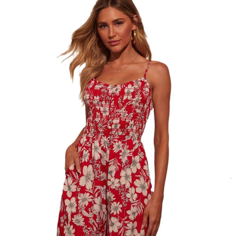 Designer Dresses Goth Dresses Summer Dresses for Women 2025 New Womens High Waist Vacation Style Flower Printed Strap Jumpsuit for Women