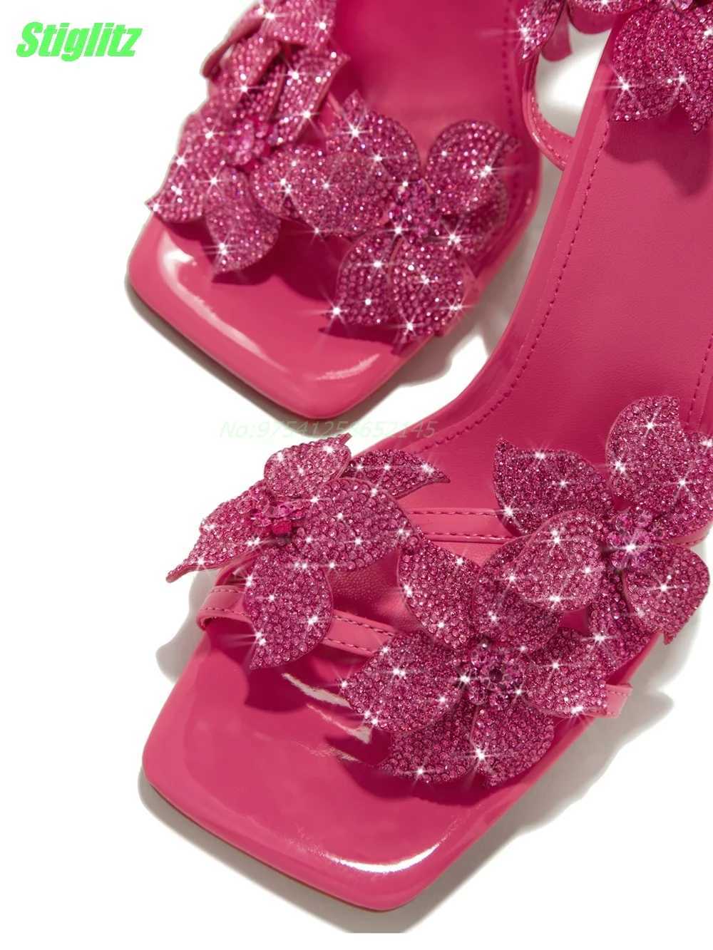 Flower Rhinestone Women Sandals Pink Square Toe Party Thin High Heel Strappy Summer Women Shoes New Arrival Buckle Strap 2024 W250514