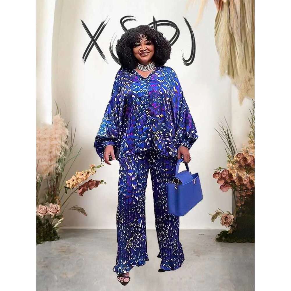 African 2 Piece Women Outfit Loose Casual Long Top Shirt and Pant Set Autumn Plus Size Matching Sets Pleated Trouser Suit