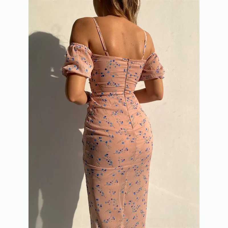 Spring/Summer New Flower Print Wrapped Chest Irregular Strap Dress Summer Short sleeved High slit Womens Party ClothingXJ250514