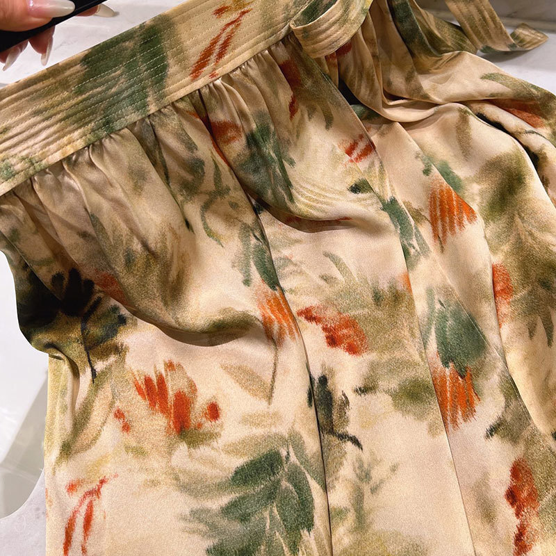 Summer Women's Botanical Print Silk Satin Skirt Set Fashion Lace Up Neck Short Sleeve Shirt Simple High-Waist Tie Knee-Length Pleated Skirt Class