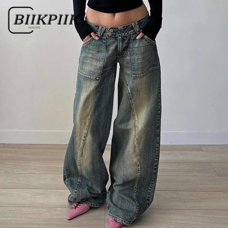 Vintage Washed Loose Fit Jeans Casual Denim Pants For Women Streetwear Pockets Straight Trousers Summer Bottom Clothing
