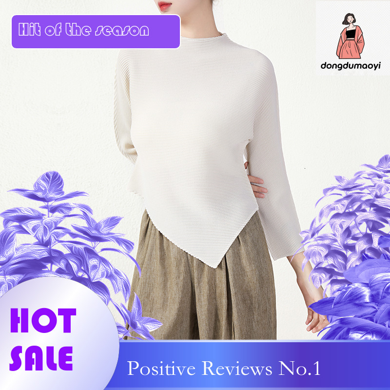 dongdumaoyi Miyake long sleeved t-shirt for women in spring autumn, irregular hem with pleated base, stylish and unique top