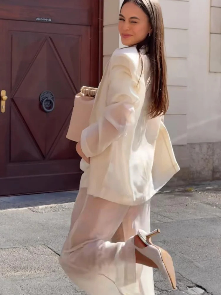 Sexy See Through Silk Set Women Elegant Blazer Coat Loose Shirt Wide-leg Pant Female Suit 2025 Summer Street Lady 3-piece Sets 250513