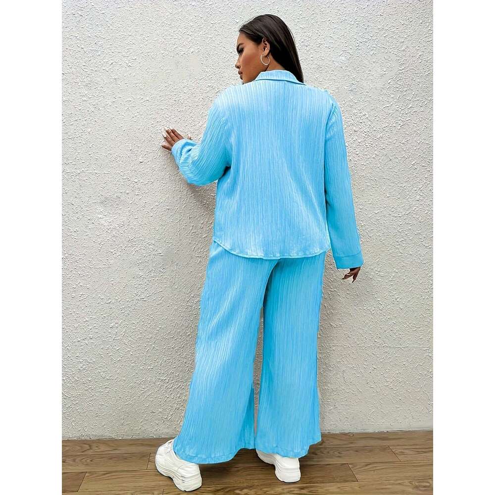 Plus solid color casual set button front long sleeve shirt and spring pants women's plus size clothing