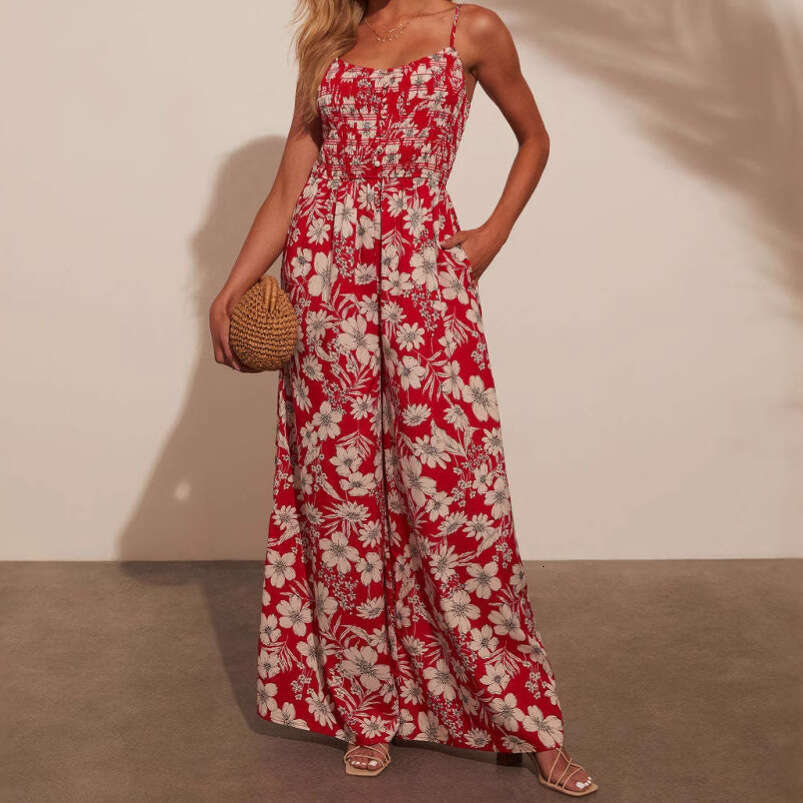 Designer Dresses Goth Dresses Summer Dresses for Women 2025 New Womens High Waist Vacation Style Flower Printed Strap Jumpsuit for Women