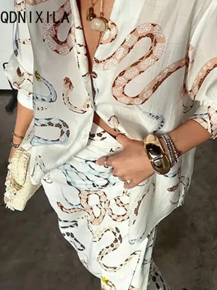Summer Spring Women Skirts Sets Animal Printed Elegant Oversized Long Sleeve Shirts High Waist Two Piece 250514