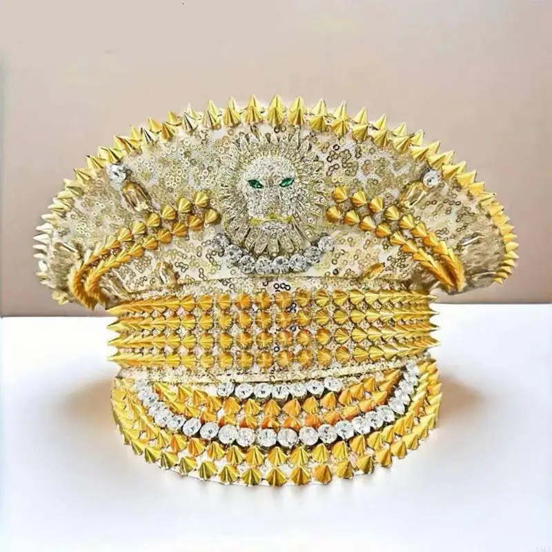 Gold Lion Sequined Rivet Studded Hat Headwear For Fashion Women Night Event Theme Party Accessories Marine Hat Headpiece 250513