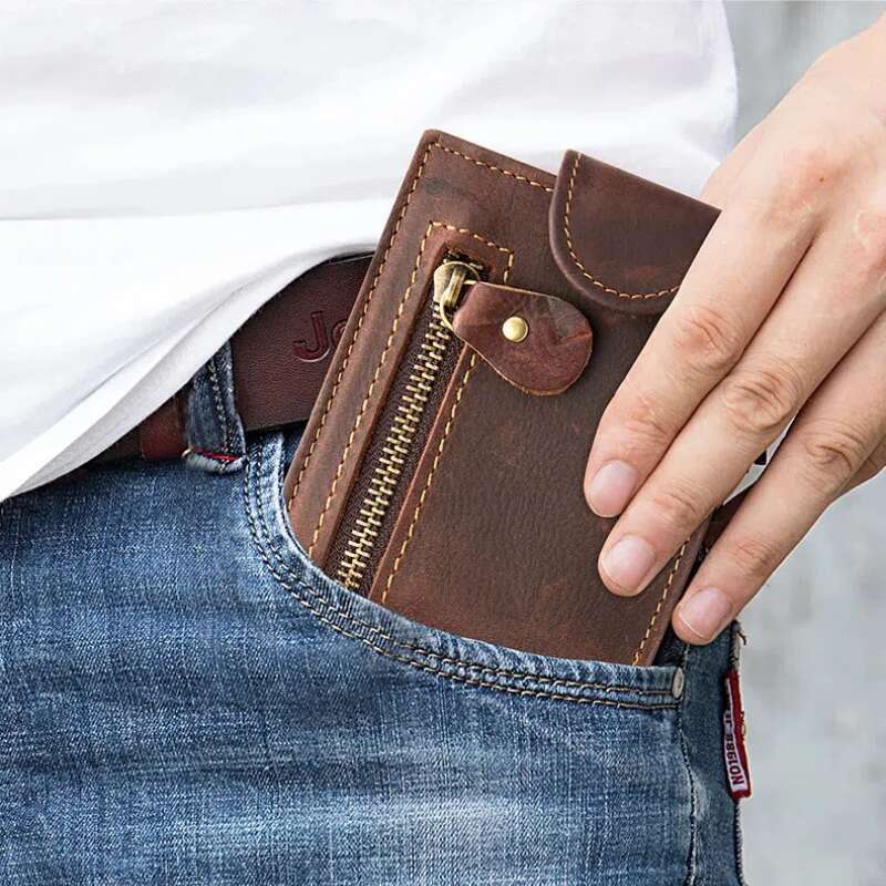 Men's Crazy Horse Short Genuine Leather Buckle Vintage Top Layer Cowhide Card Holder Multi-Card Wallet