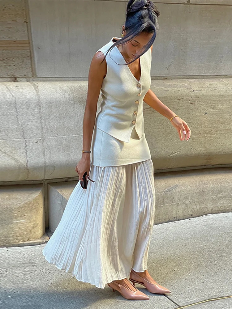 Elegant Knit Vest Skirt Sets Women Single-breasted V-neck Waistcoat Patchwork Tassel Skirts Set 2025 Summer Lady Long Skirt Suit 250513