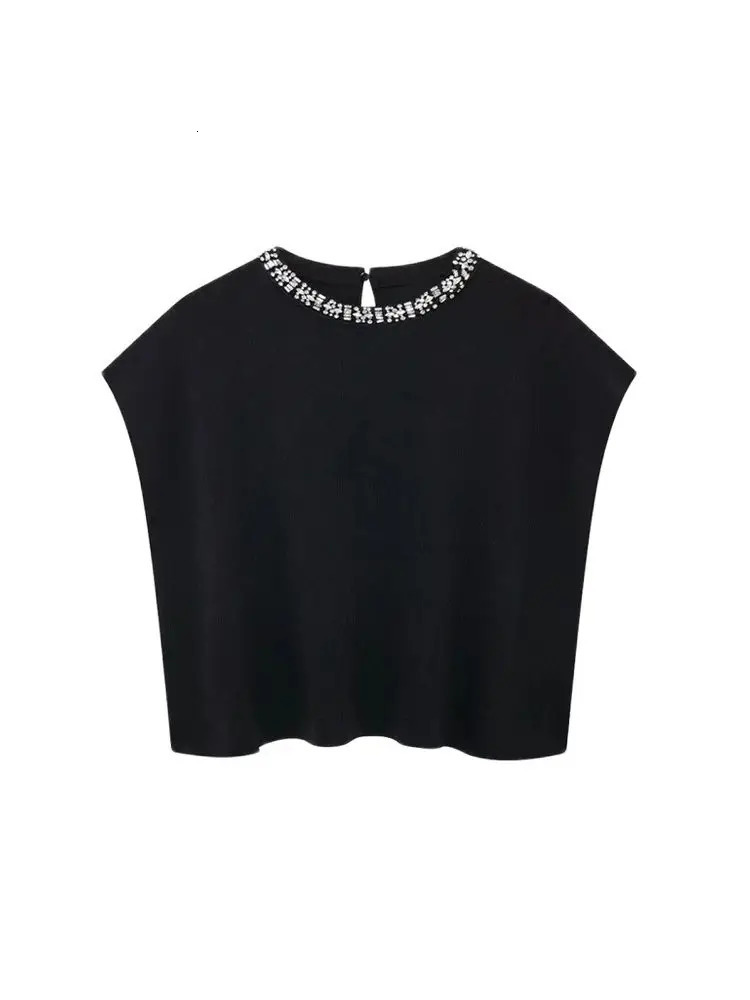 TRZA Womens Sleeveless Oneck Knitted Tank Top Sweater Diamond Beads Fashionable 250506