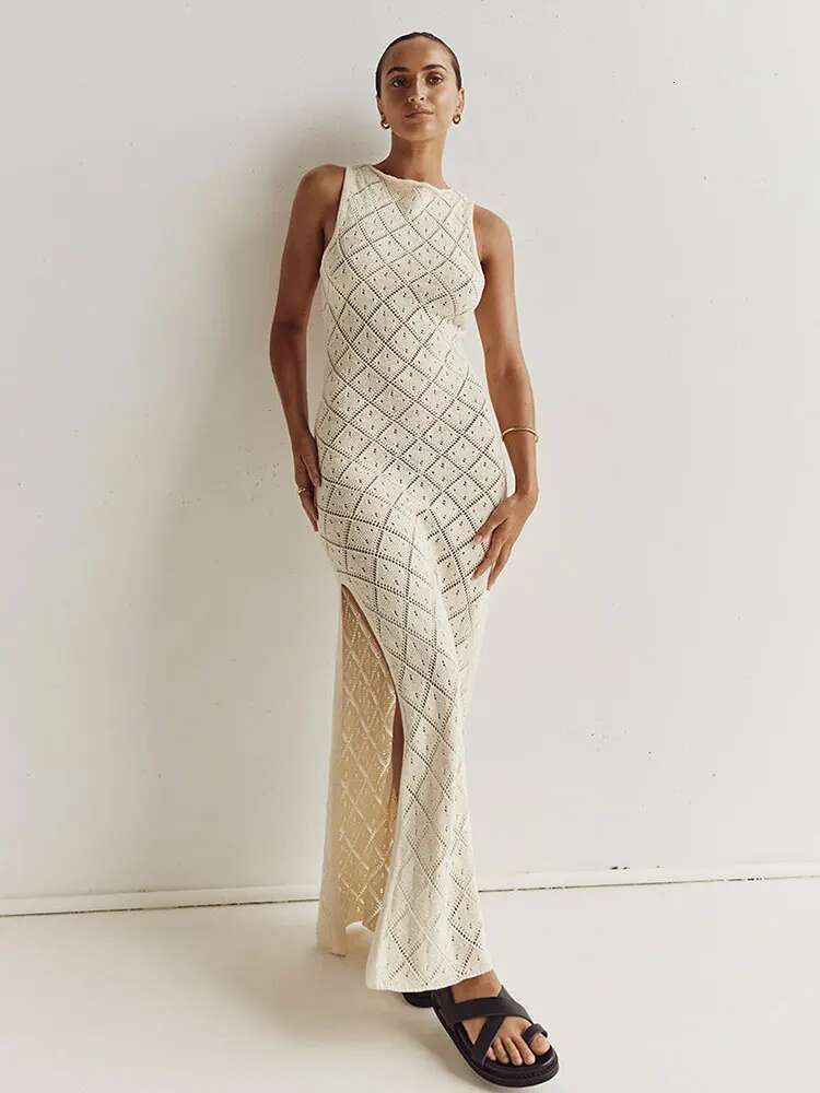 Sexy Cut Out Slit Knit Mesh Swimsuit Cover Up Pareo Tunic 2025 Summer Beach Maxi Dress Bikini Cover-Ups Women Beachwear A2318