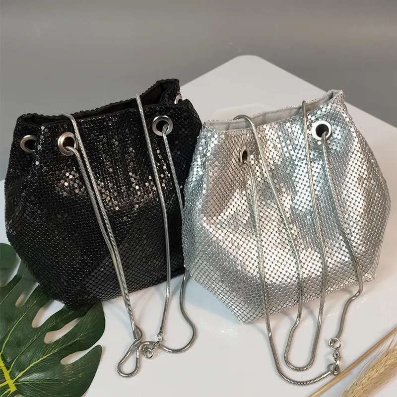 Sequin Women Drawstring Evening Bags Large Capacity Female Bucket Backpack Party Purse Chain Shoulder Crossbody Bag Pouch