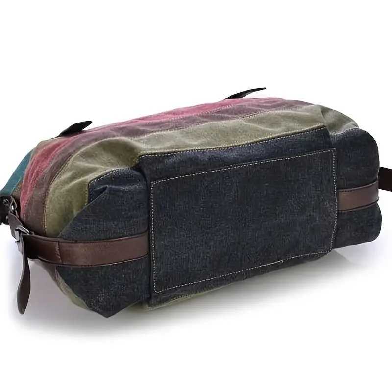 Striped Print Canvas Bag Double Handle Zipper Shoder Bost Bag With Buckle Decor Z250514