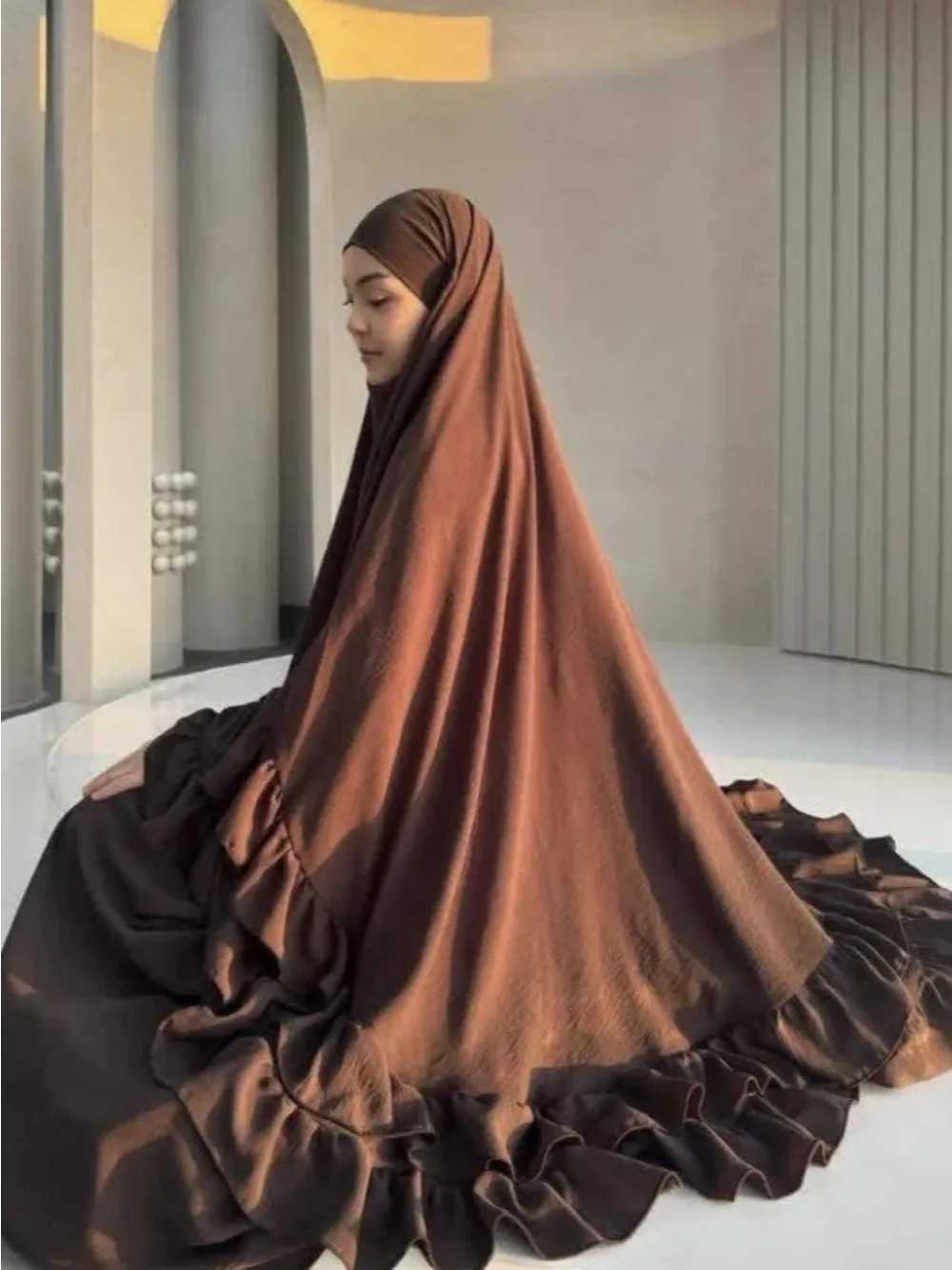 Muslim Dresses Hijab 2 Piece Sets Women Modest Abayas Headscarf Ramadan Morocco Dubai Kaftan Islam Vestidos Arab Long Robe Suit X2505141