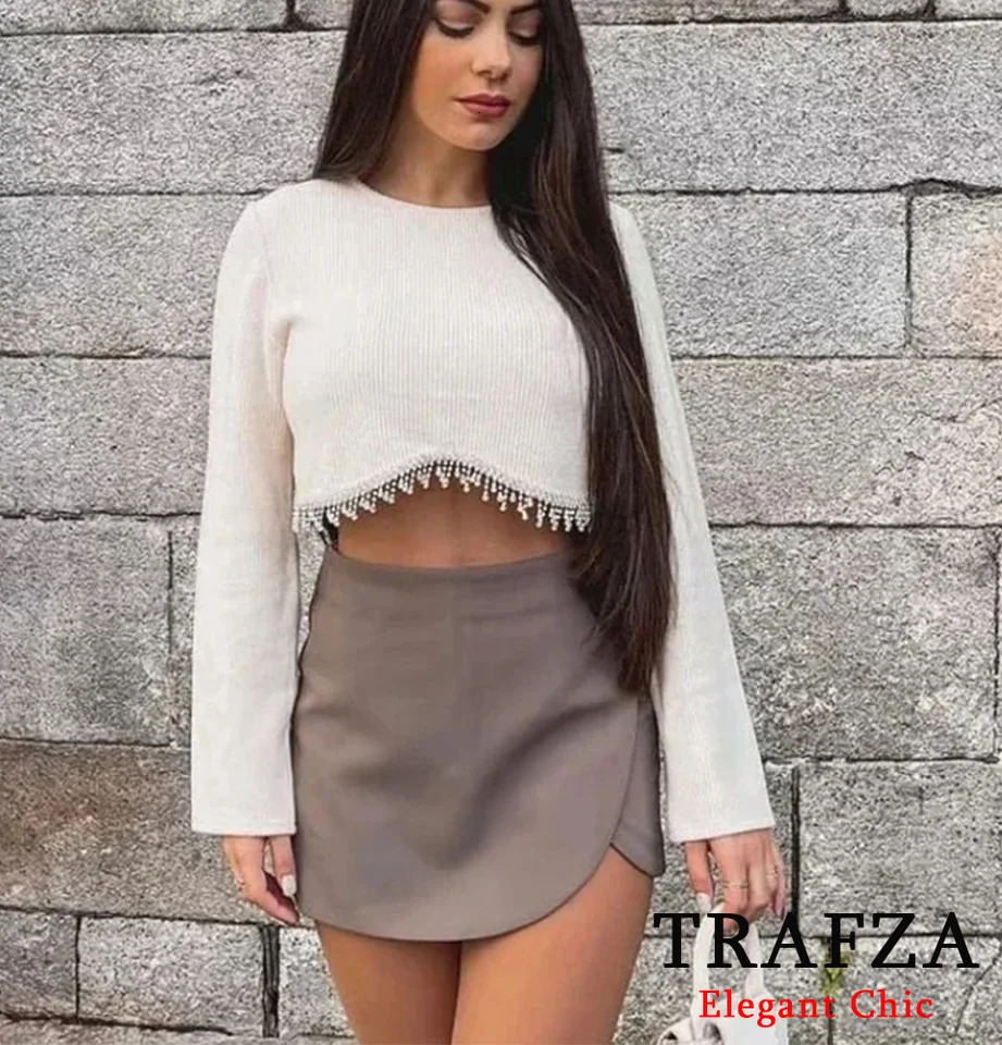 TRAFZA Women Skort High Waist Skirt Pants Brown Asymmetric Shorts Spring Summer Fashion Casual Pink White 250514