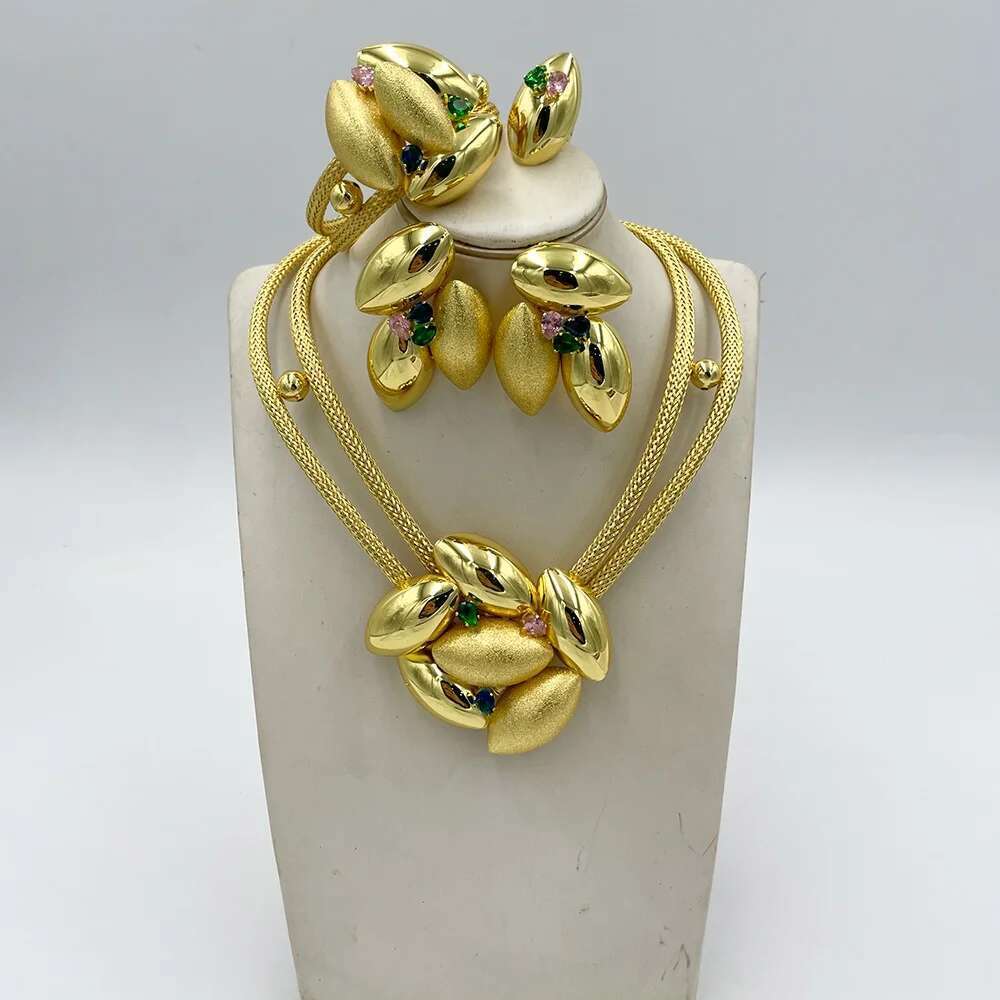 Dubai Set For Bridal Gold Color Big Necklace And Stud Earrings African Elegant Party Bangle Ring Jewelry