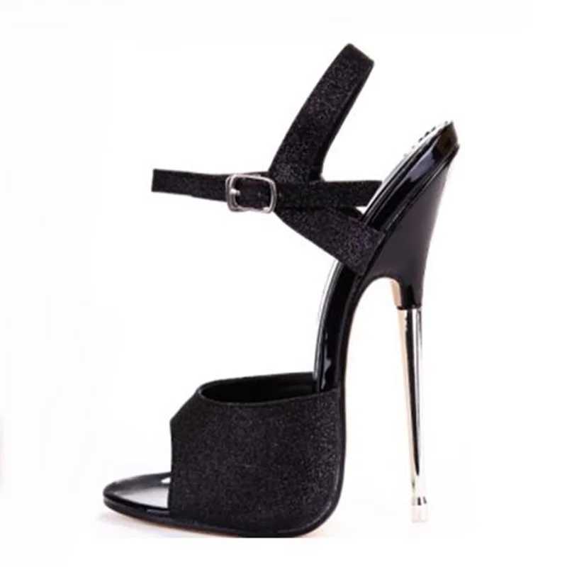 Summer Peep Toe Bling Sandals Sexy Sky Ankle Buckle Strap For Women Metal Heels 16CM Glitter High Metal Heel Dress Shoes W250514
