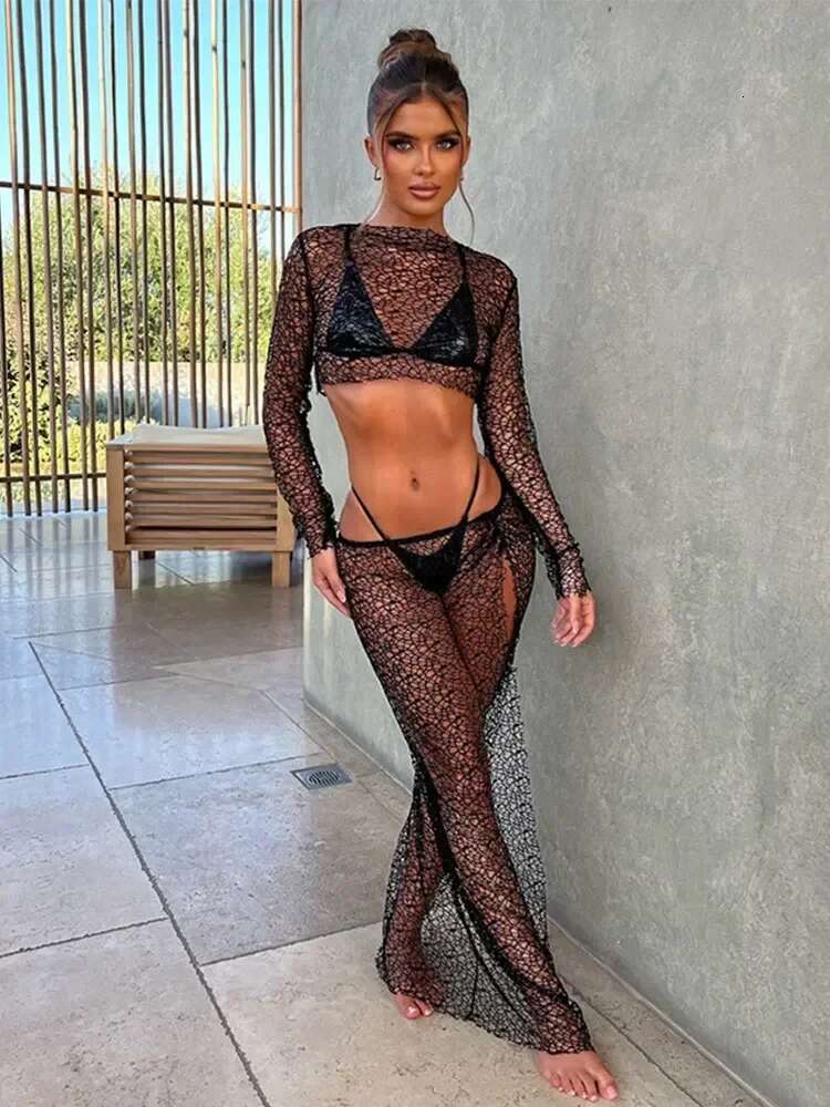 Sexy See-Through Dress Set Bikini Cover-Ups 2025 Summer Women Solid Color Knit Cut Out 2-Piece Beachwear Swimsuit Cover Up A2790