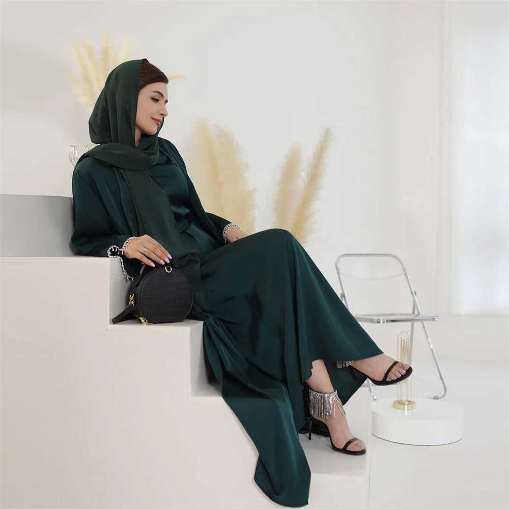 Diamonds Tassel Muslim Women Matching Outfits Kimono Open Abaya Dress 2 Pieces Set Satin Jalabiya Islamic Kaftan Ka Ramadan X250514