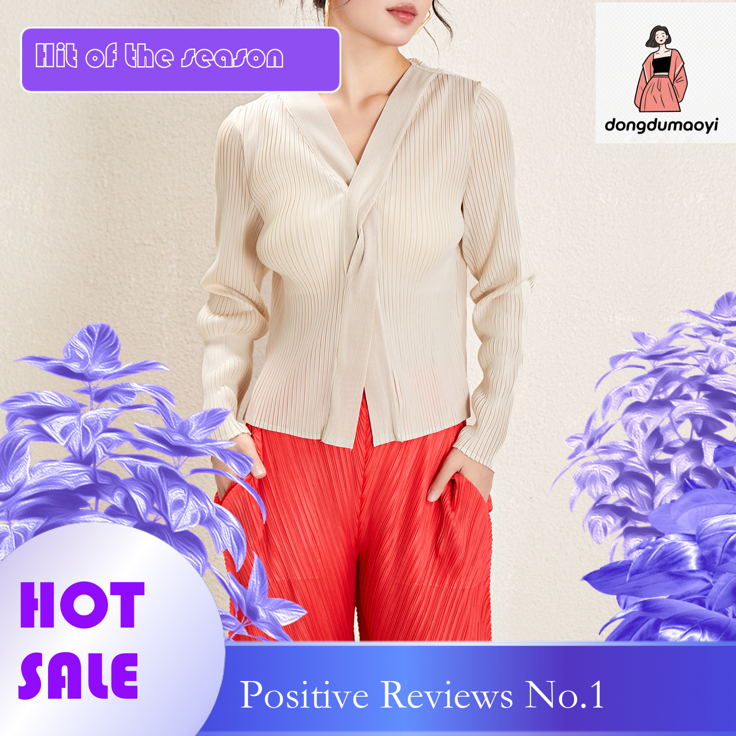 dongdumaoyi Wrinkled Knitted Spring/Summer New Style Miyake Fashion V-neck Design Sense Solid Color Long Sleeve Versatile Base Shirt Women's T-sh