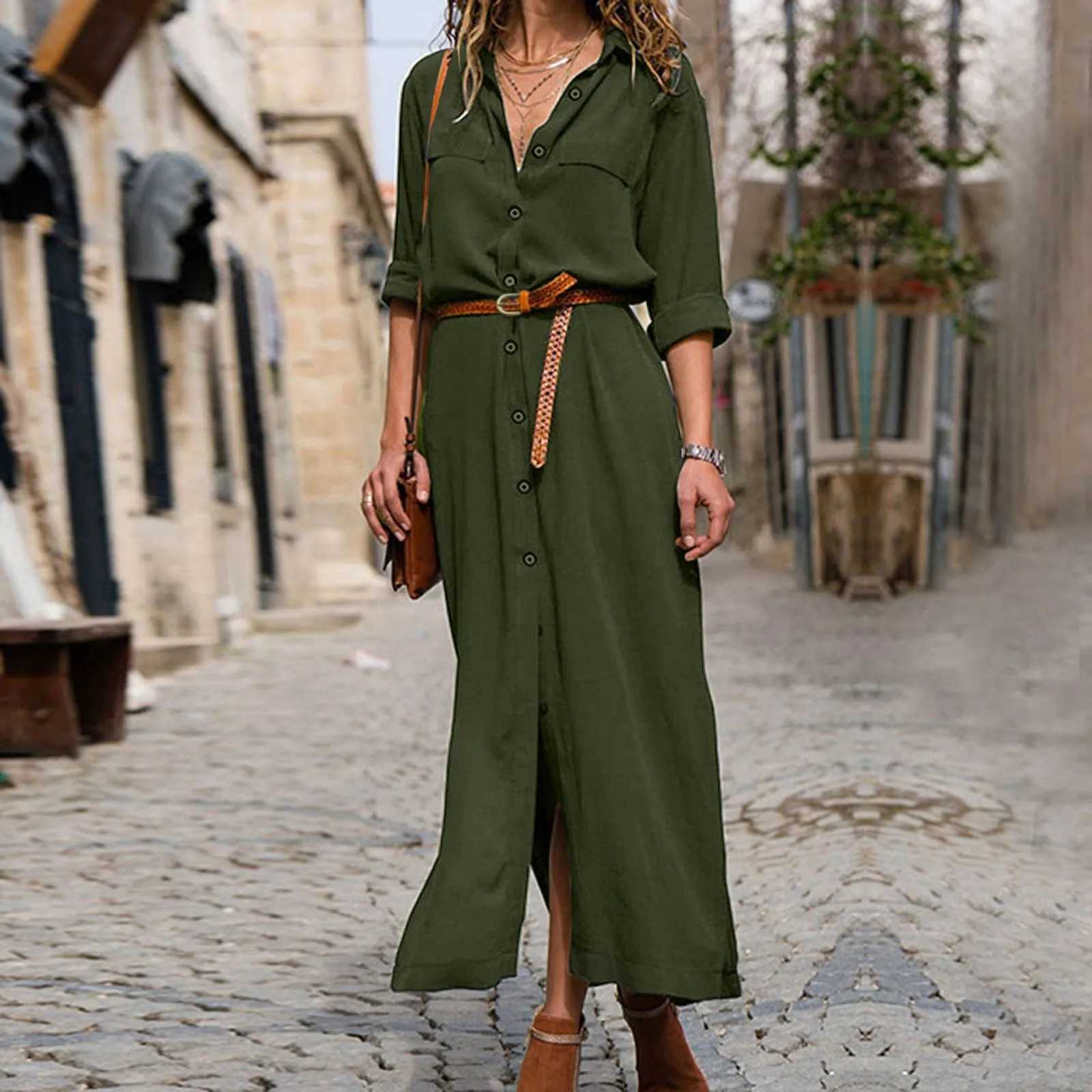 Womens Lace Up Tunic Dresses Summer Streetwear Long Sleeve Shirt Dresses With Belt casual Solid Color Linen Maxi Dress for womenXJ250514