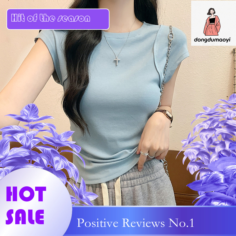dongdumaoyi Round neck short sleeved T-shirt for women in the summer of 2025, pure design sense, niche slim fit, versatile and slimming top