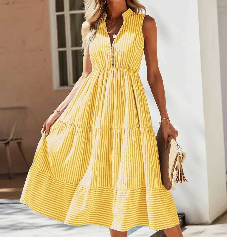Vintage Boho Summer Midi Dress Women Sleeveless Casual Holiday Striped Shirt Dress Women Sundress Outfits Female Dress DressesXJ250514