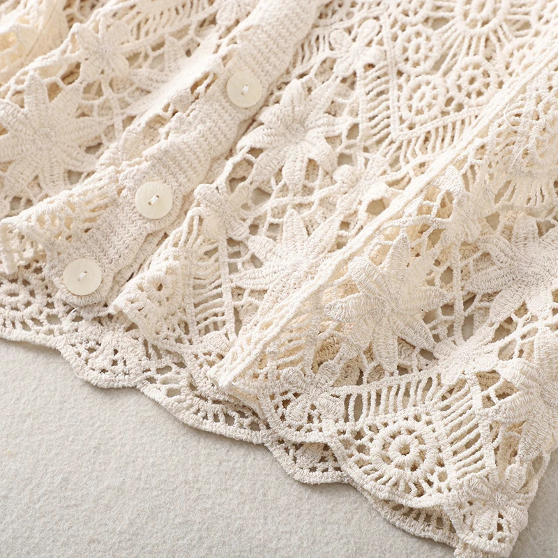 Boho Crochet Knit Top Short Sleeve Buttonup Sheer Openwork Blouse Women Teengirl Summer Fairycore Vacation Outfit 250514