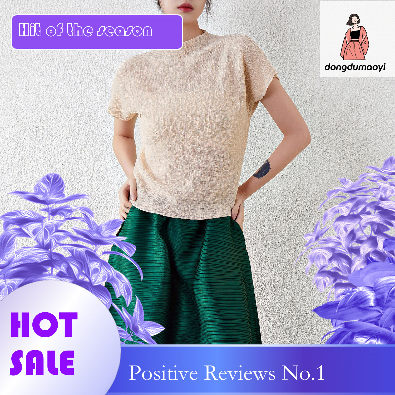dongdumaoyi Starry fashion temperament, heavy industry hot stamping top, women's summer new versatile short sleeved half neck pleated T-shirt