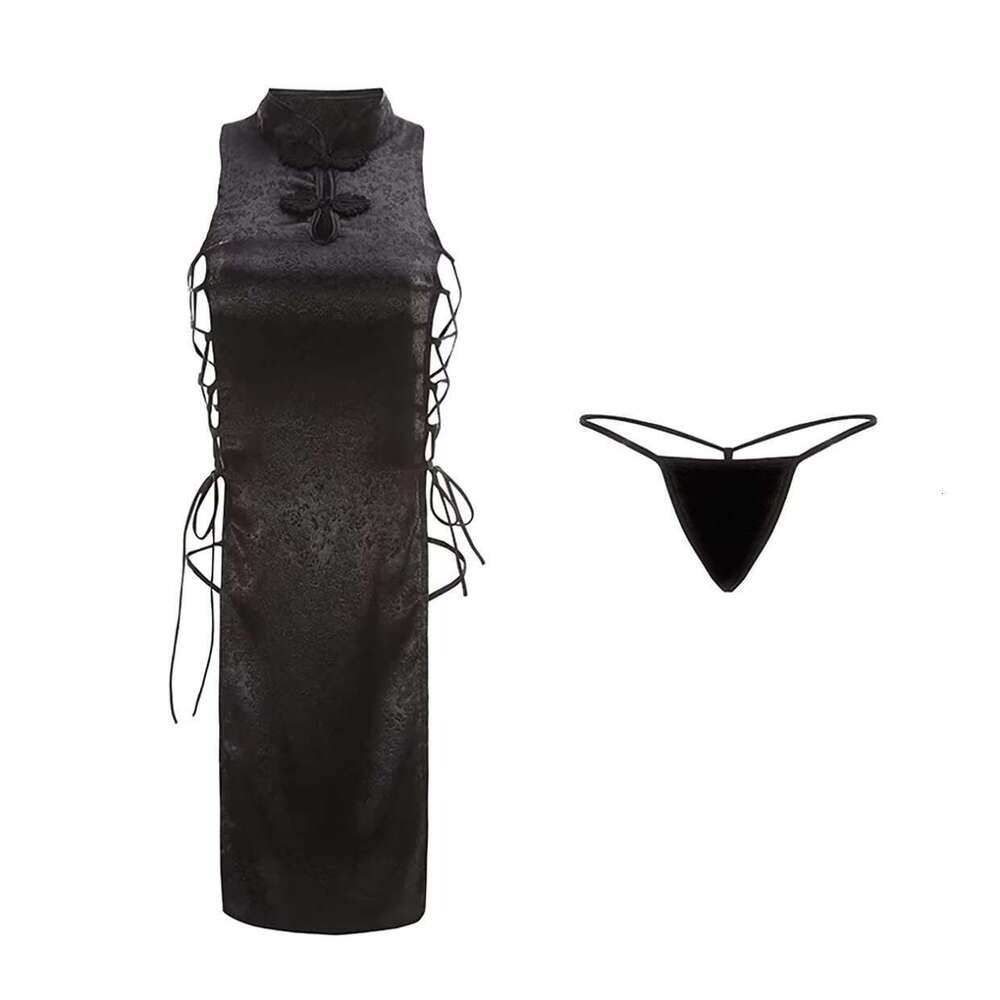 Women Sexy Lingerie High Split Bandage Mini Qipao Cheongsam Uniform Chinese Traditional Party Dress Nightclub Costumes