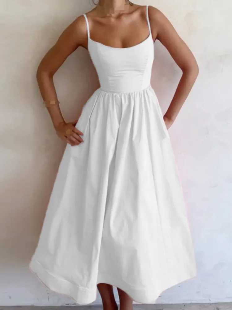 Summer U-neck Casual Female Vintage Elegant Spaghetti Strap Dress Womens Elegant Solid Sleeveless A-line Midi Womens DressesXJ250514