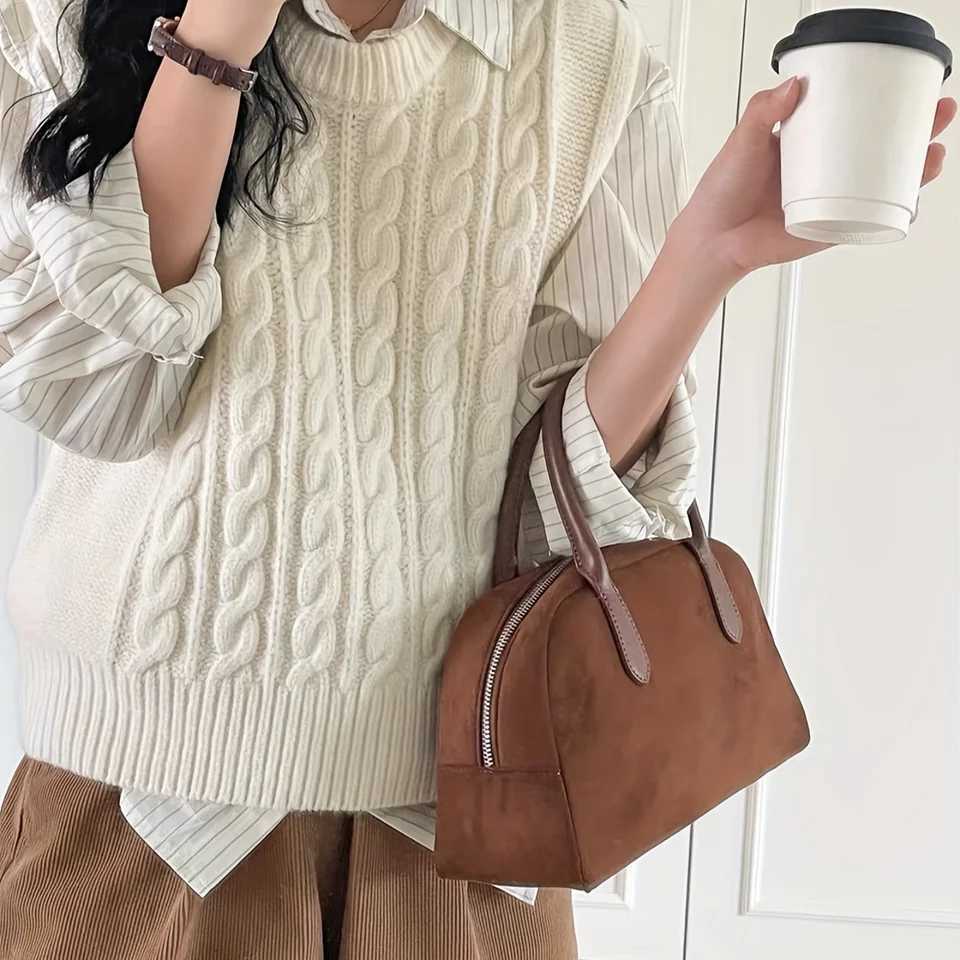 Vintage Wens Bowling Handbag Y2K Bost Bag with Trendy Double Handle and Zipper - Stylish Purse for Fiable Ladie Z250514