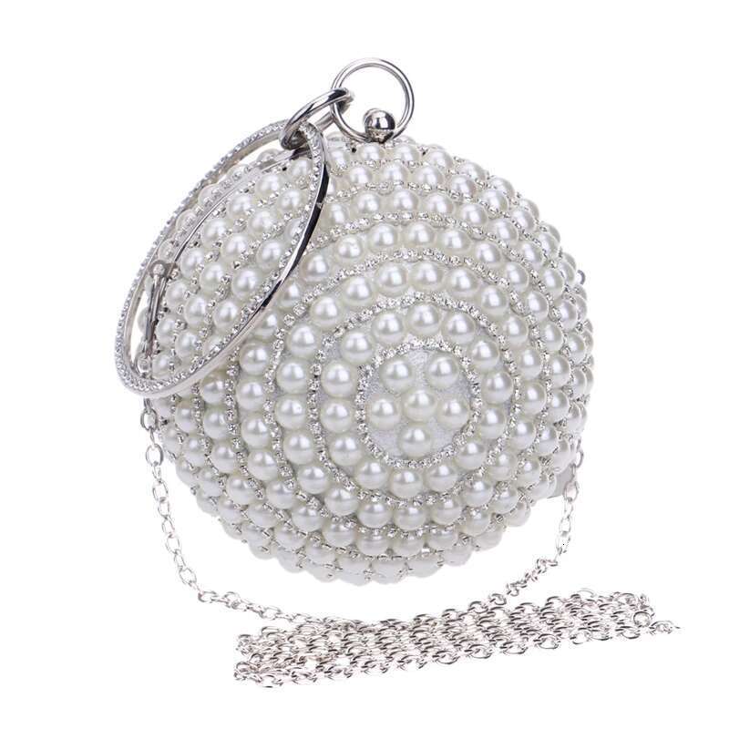 Pearl Round Evening Bag With Chain Women Girls Glitter Rhinestones Party Wedding Handbag Ladies Small Crossbody Purses