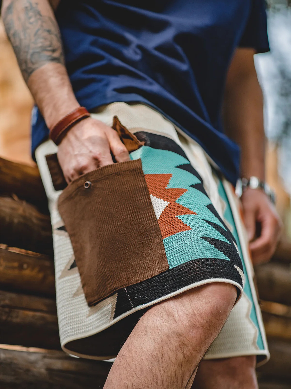 American Vintage Patchwork Knit Shorts For Men Navajo Embroidery Geometric Knitting Short Pant Summer Oversize Loose Shorts Fat 250513