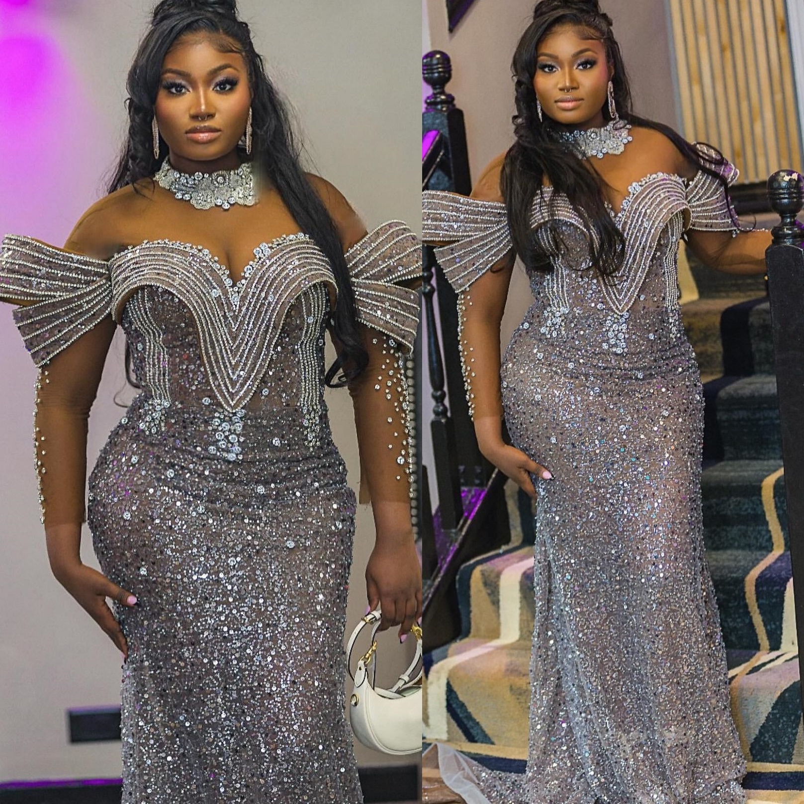 Silver Mermaid Plus Size Prom Dresses 2025 Crystals Beaded Illusion Sparkly Evening Formal Party Second Birthday Engagement Gowns Dress For Special Oc