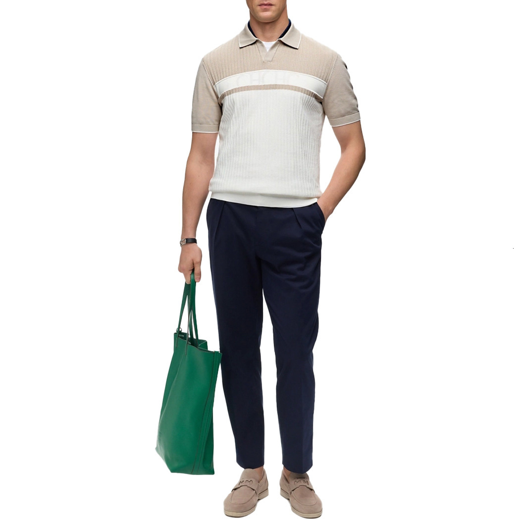 CHCH Men's Splicing Knitted 2025 New Spring/Summer Aging Reduction Collar Blue and White Strip Polo Shirt Short Sleeve Top