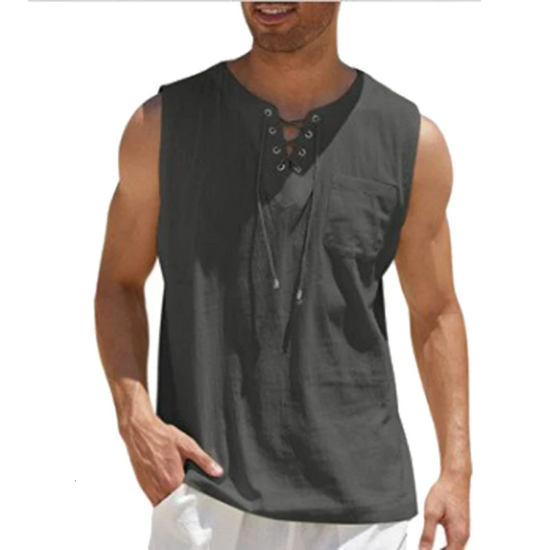 Mens Casual Shirts Leeveless Vest Bandage Lace Up Blouse Retro V Neck Fashion Loose Shirt Male Solid Color Clothes 250514