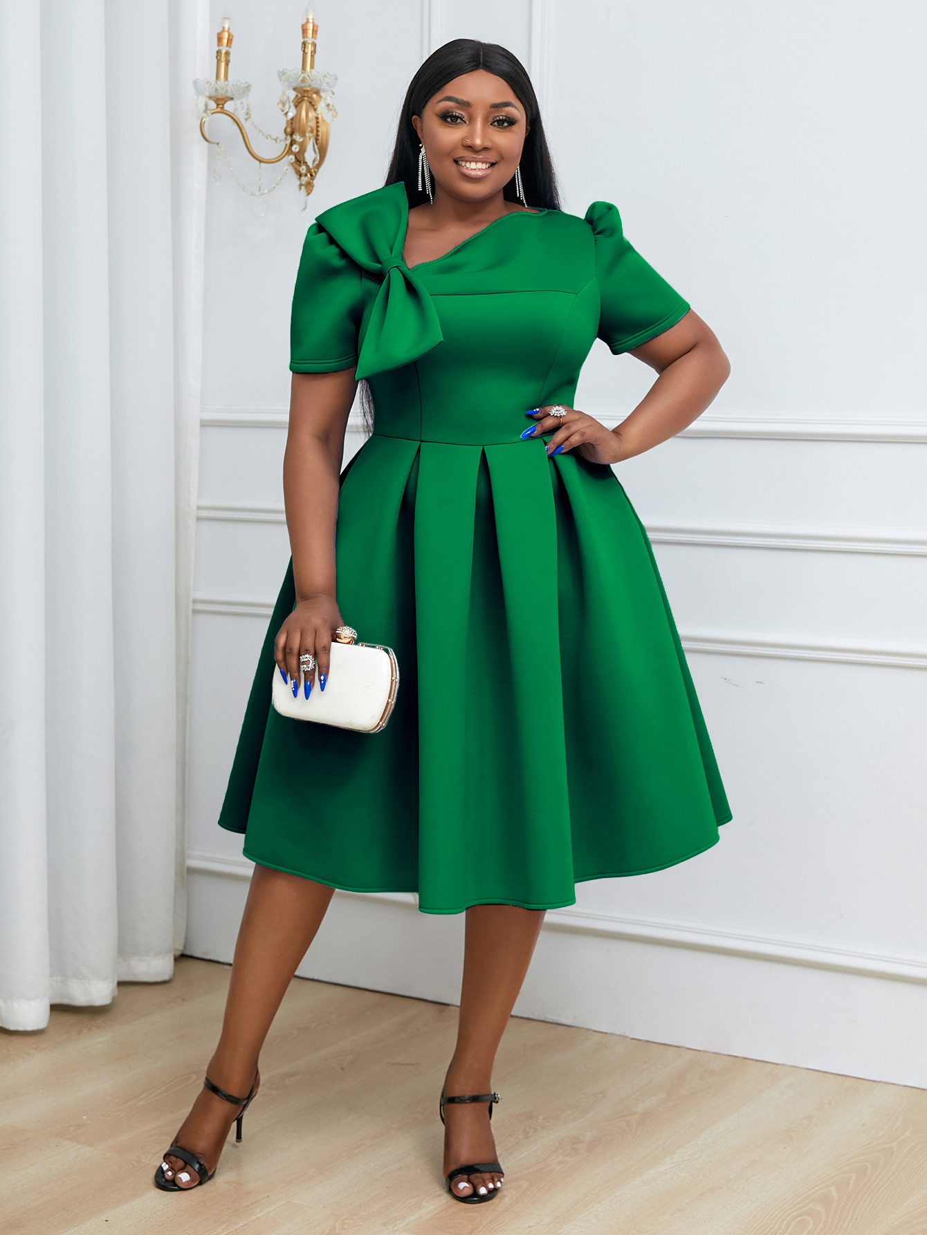 Cute Plus Size Dress Lady Prom Blue Birthday Bowtie Pleated Short Sleeve Puffy Midi Length AM030908