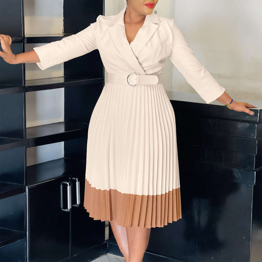 Women's Wear Women's Wear Women's Spring Suit Collar Fashionable Color Blocking OL Elegant Pleated High Waisted Dress