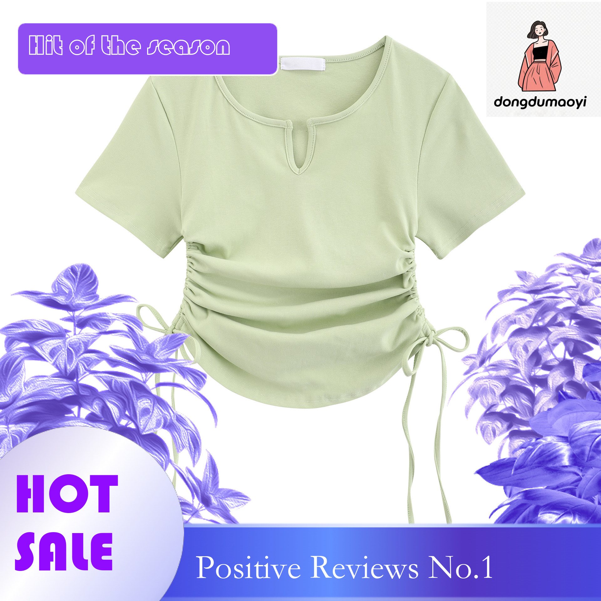 dongdumaoyi Solid color cut slimming V-neck short sleeved T-shirt for women's clothing 2025 new Korean version design sense niche spicy girl shou