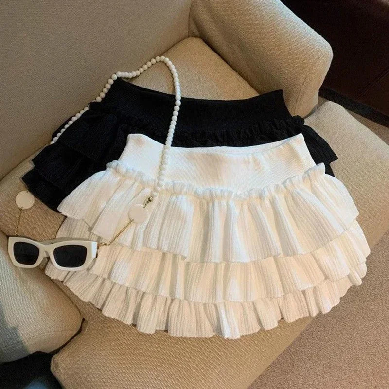 Kawaii Puffy Cake Skirts Women Korean Fashion Ruched Ruffle Mini Skirt Female Summer Harajuku Casual Elastic Waist Solid 250514