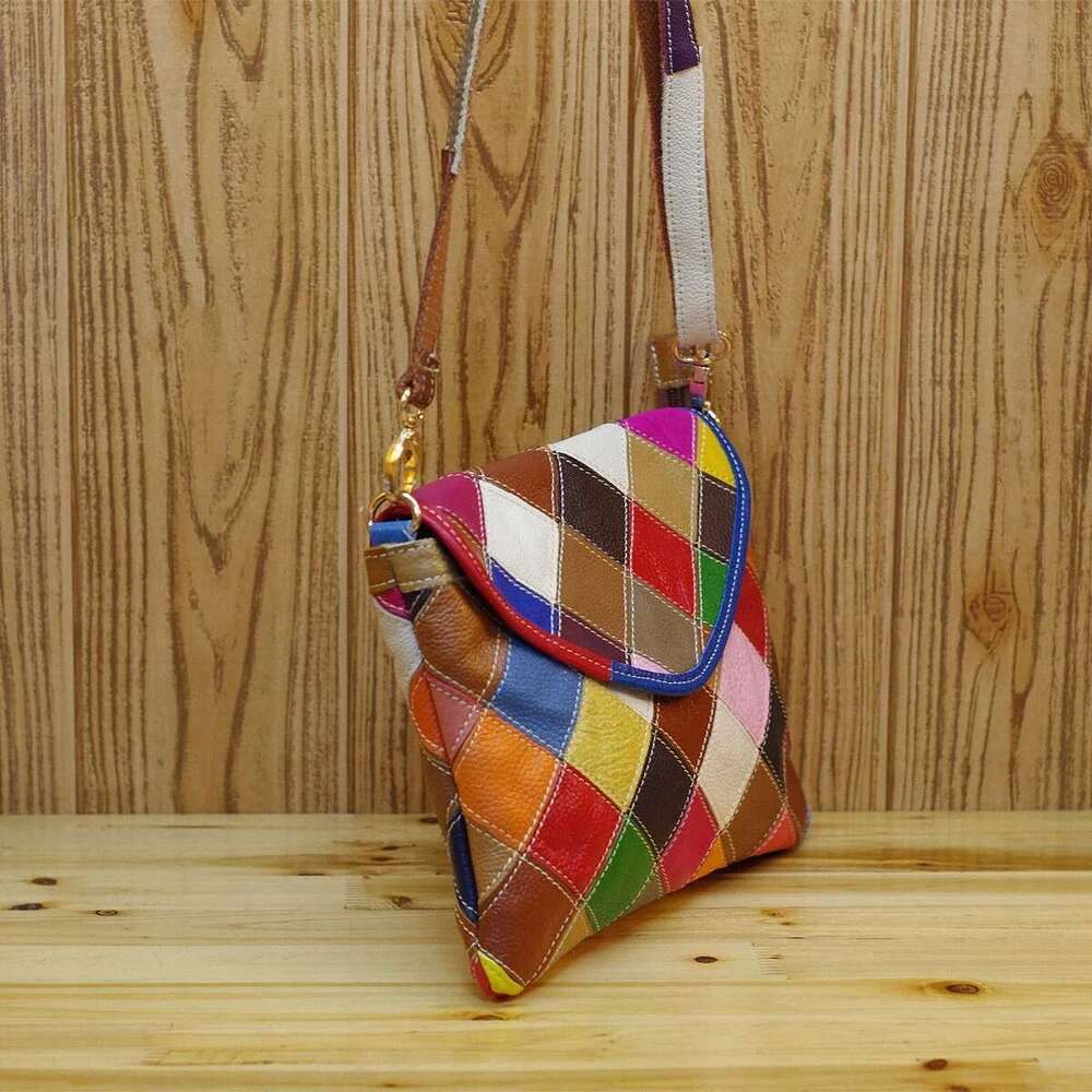 Genuine Leather Cowhide Women's Fashionable Niche Design Colorful Plaid Cosmetic Crossbody Ladies Shoulder Small Bag