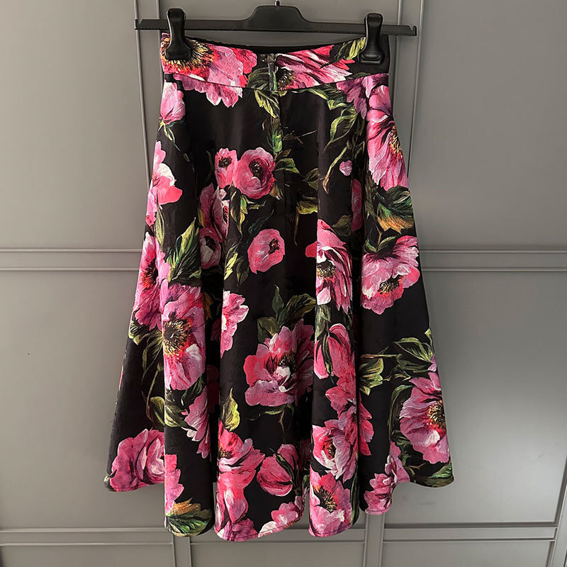 Women's Cotton Jacquard Floral Print Midi Skirt Summer New Arrival Elegant High-Waist Pleated Silk Lining Calf-Length Clothes Runway Fashion Clas