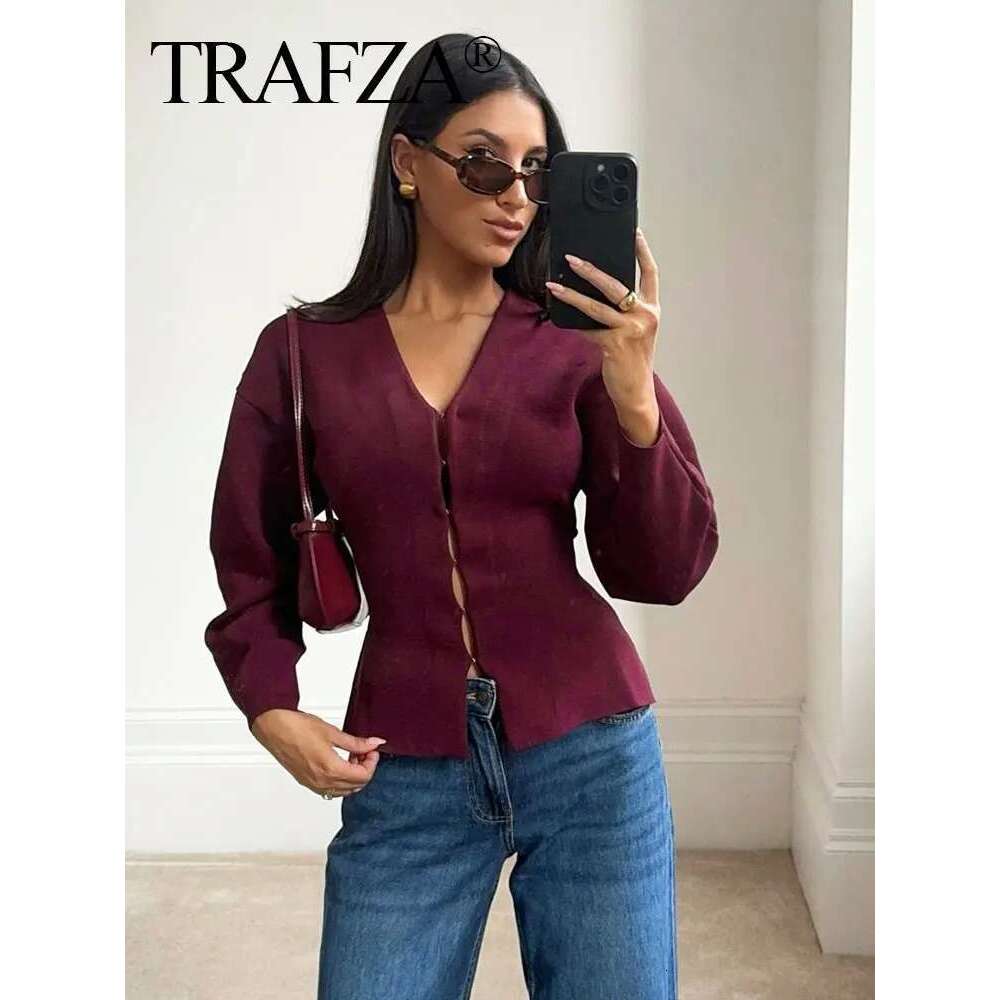 TRAFZA Women Autumn Fashion Sweater Elegant Solid V-Neck Long Sleeve Single Breasted Knitted Coat Tops Female Casual Cardigans