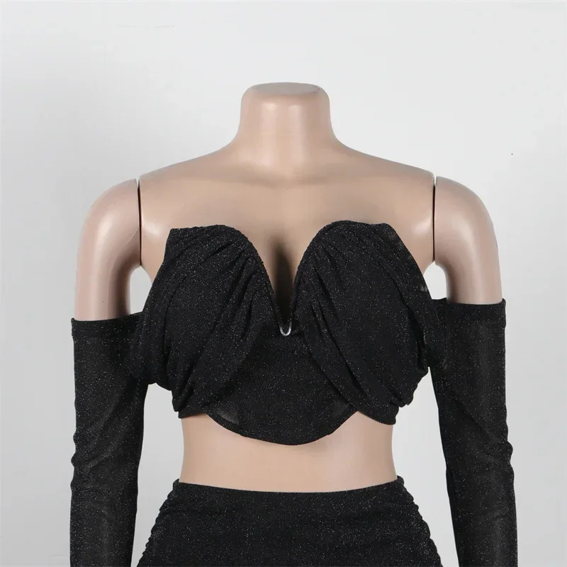 Sexy Party Night 2 Piece Outfit Set Women Y2K Clothing Mesh Ruched Strapless Crop Top and Skirt Clubwear Bodycon Maxi Dress Sets 250514